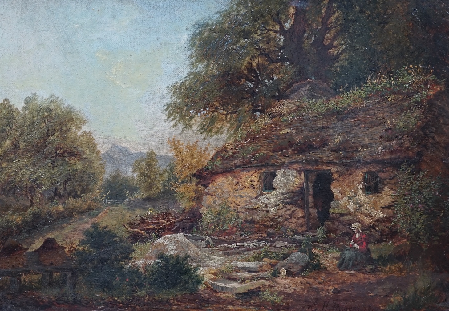 Edward Henry Holder (1847-1922), oil on board, Scottish crofter’s homestead, signed and dated 1868, 24 x 34cm, ornate gilt frame. Condition - fair